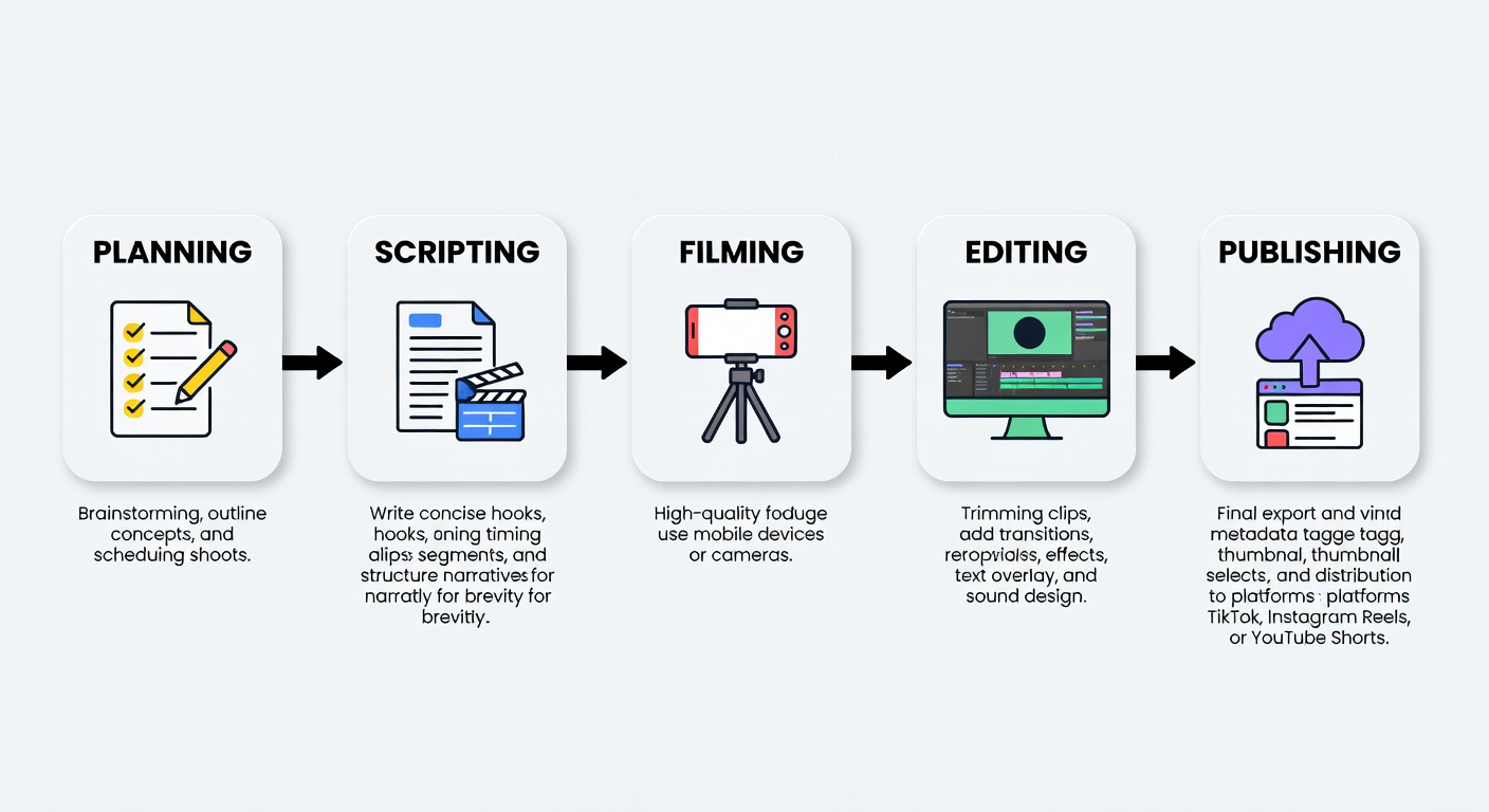 Professional editing workflow diagram showing the three-pass system for short-form video production