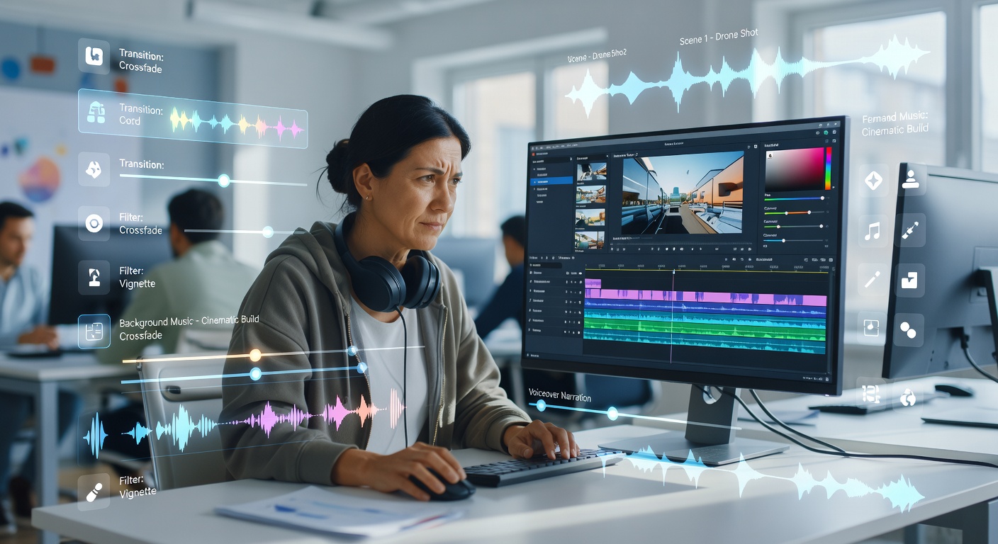 Video editing workstation showing timeline with color-coded phases corresponding to the four-phase structure